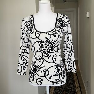 Boston Proper Sweater White Black Floral Crystal Jeweled Neck S